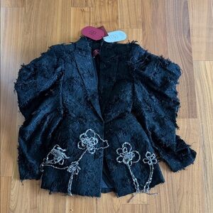 Black Floral Beaded Fringe Blazer Jacket - Women